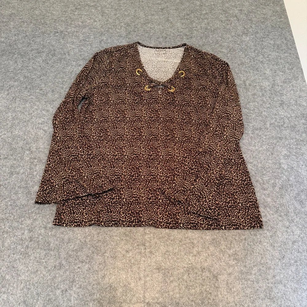 Michael Kors Leopard Print Top Womens XL Brown Bell Sleeve Lace Up Neck